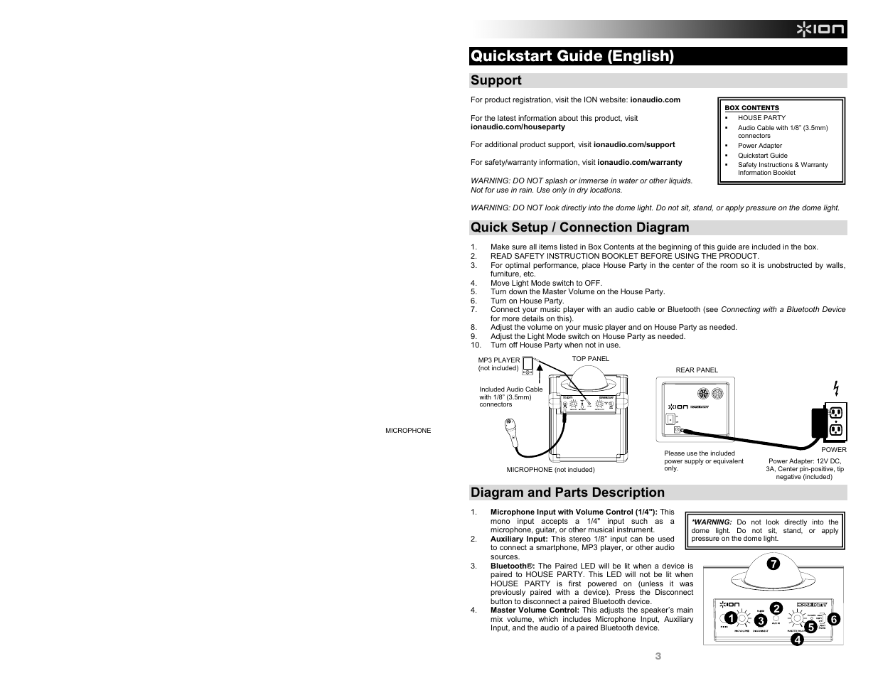 Quickstart guide (english), Support, Quick setup / connection diagram | Diagram and parts description | ION Audio House Party User Manual | Page 3 / 20