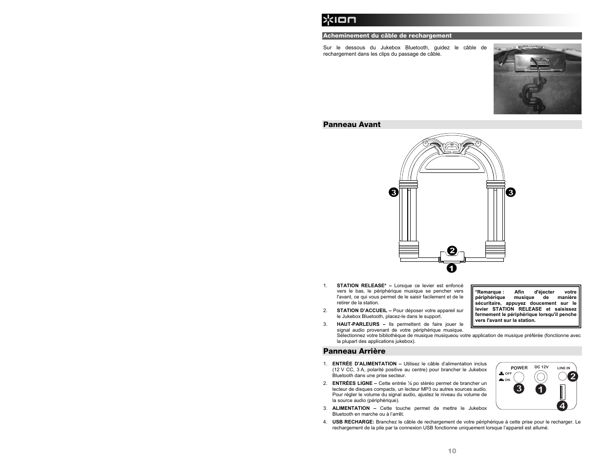 Panneau avant, Panneau arrière | ION Audio Jukebox Bluetooth User Manual | Page 10 / 24