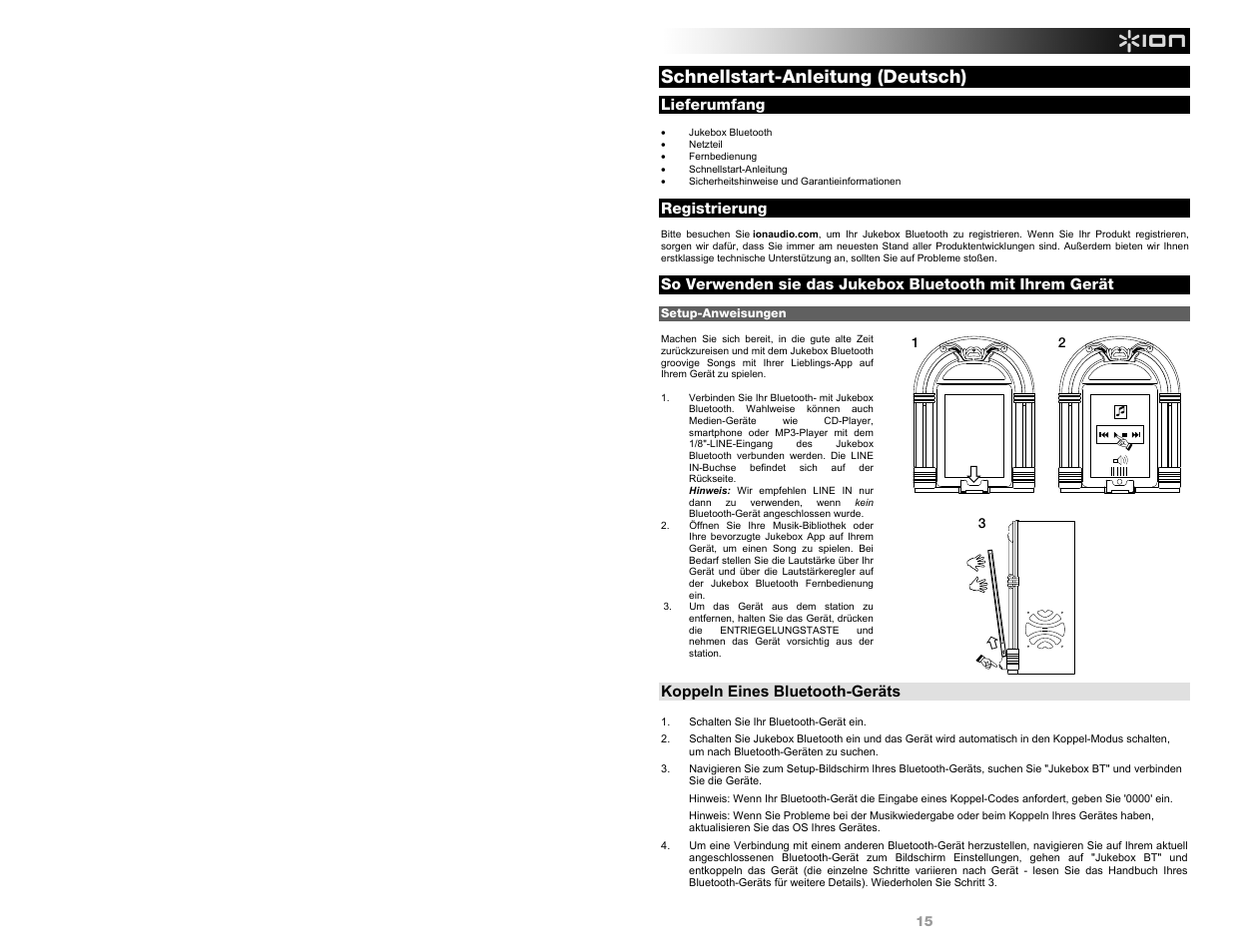 Schnellstart-anleitung (deutsch) | ION Audio Jukebox Bluetooth User Manual | Page 15 / 24