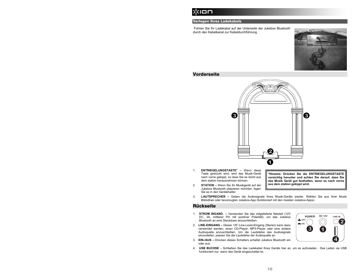 Vorderseite, Rückseite | ION Audio Jukebox Bluetooth User Manual | Page 16 / 24