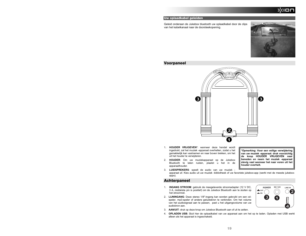 Voorpaneel, Achterpaneel | ION Audio Jukebox Bluetooth User Manual | Page 19 / 24