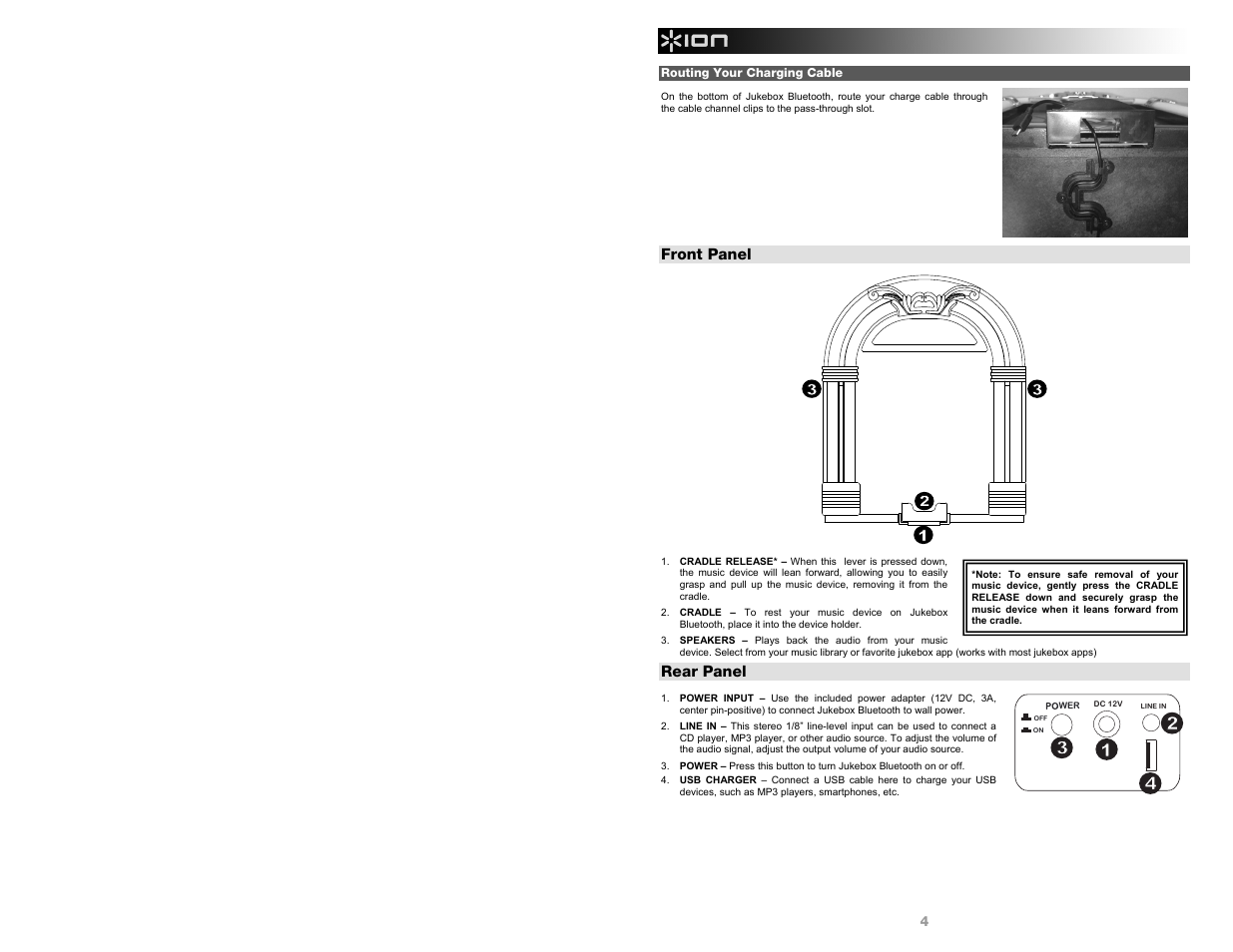 Front panel, Rear panel | ION Audio Jukebox Bluetooth User Manual | Page 4 / 24