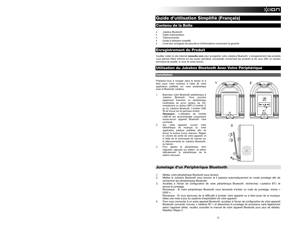 Guide d’utilisation simplifié (français) | ION Audio Jukebox Bluetooth User Manual | Page 9 / 24