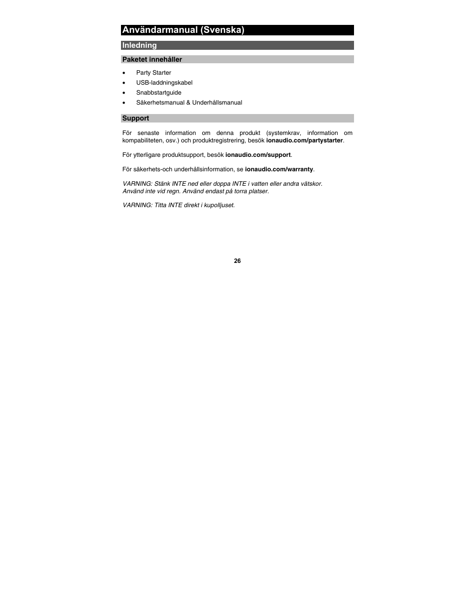 Användarmanual (svenska) | ION Audio Party Starter User Manual | Page 26 / 36