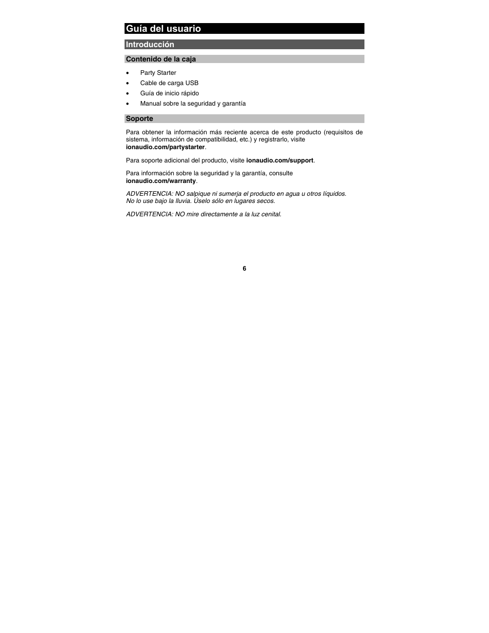 Guía del usuario, Introducción | ION Audio Party Starter User Manual | Page 6 / 36
