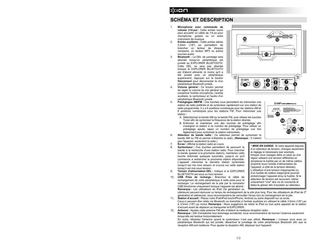 Schéma et description | ION Audio Explorer Bluetooth User Manual | Page 10 / 24