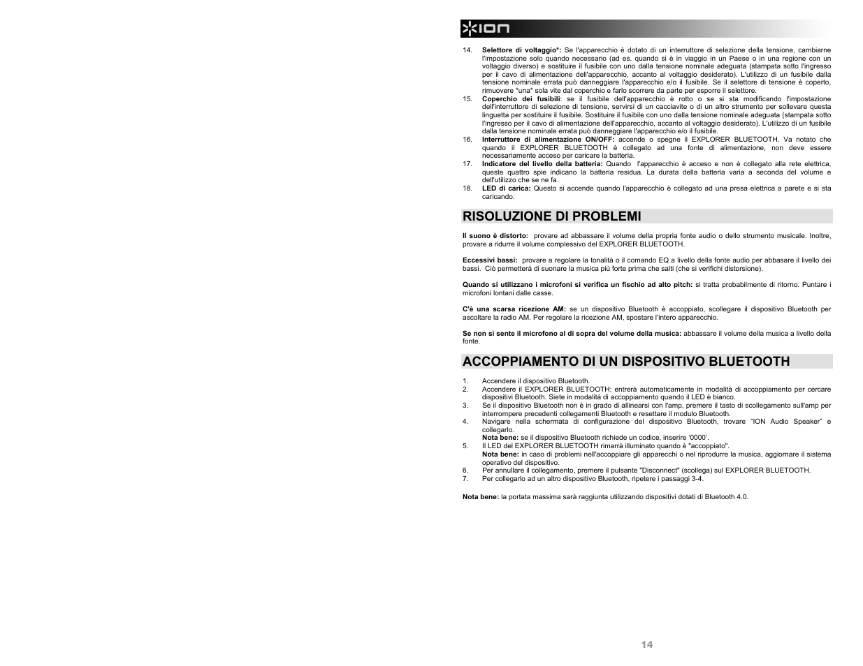 Risoluzione di problemi, Accoppiamento di un dispositivo bluetooth | ION Audio Explorer Bluetooth User Manual | Page 14 / 24
