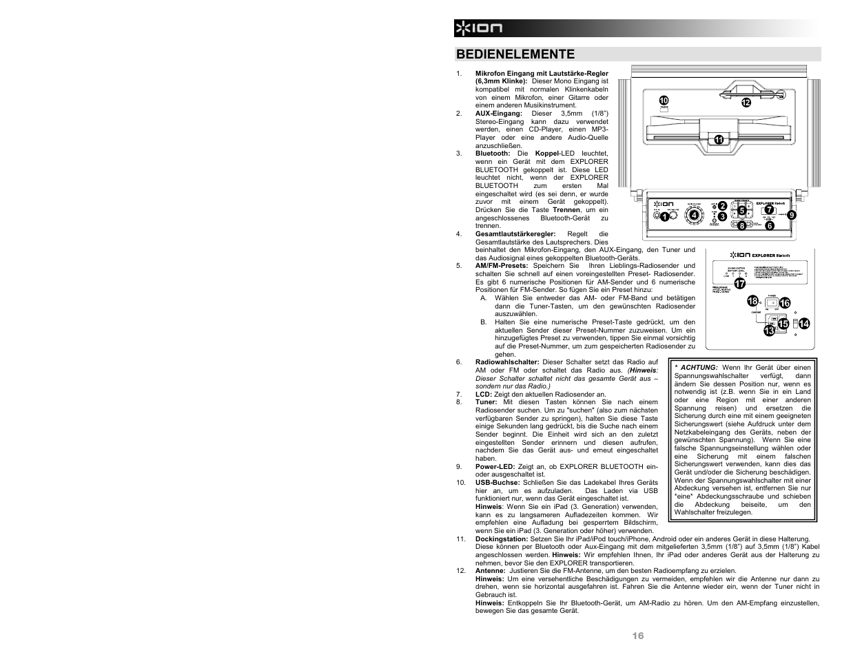 Bedienelemente | ION Audio Explorer Bluetooth User Manual | Page 16 / 24