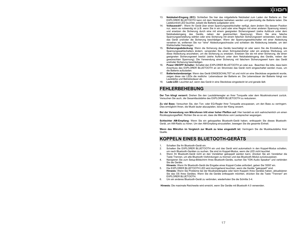 Fehlerbehebung, Koppeln eines bluetooth-geräts | ION Audio Explorer Bluetooth User Manual | Page 17 / 24