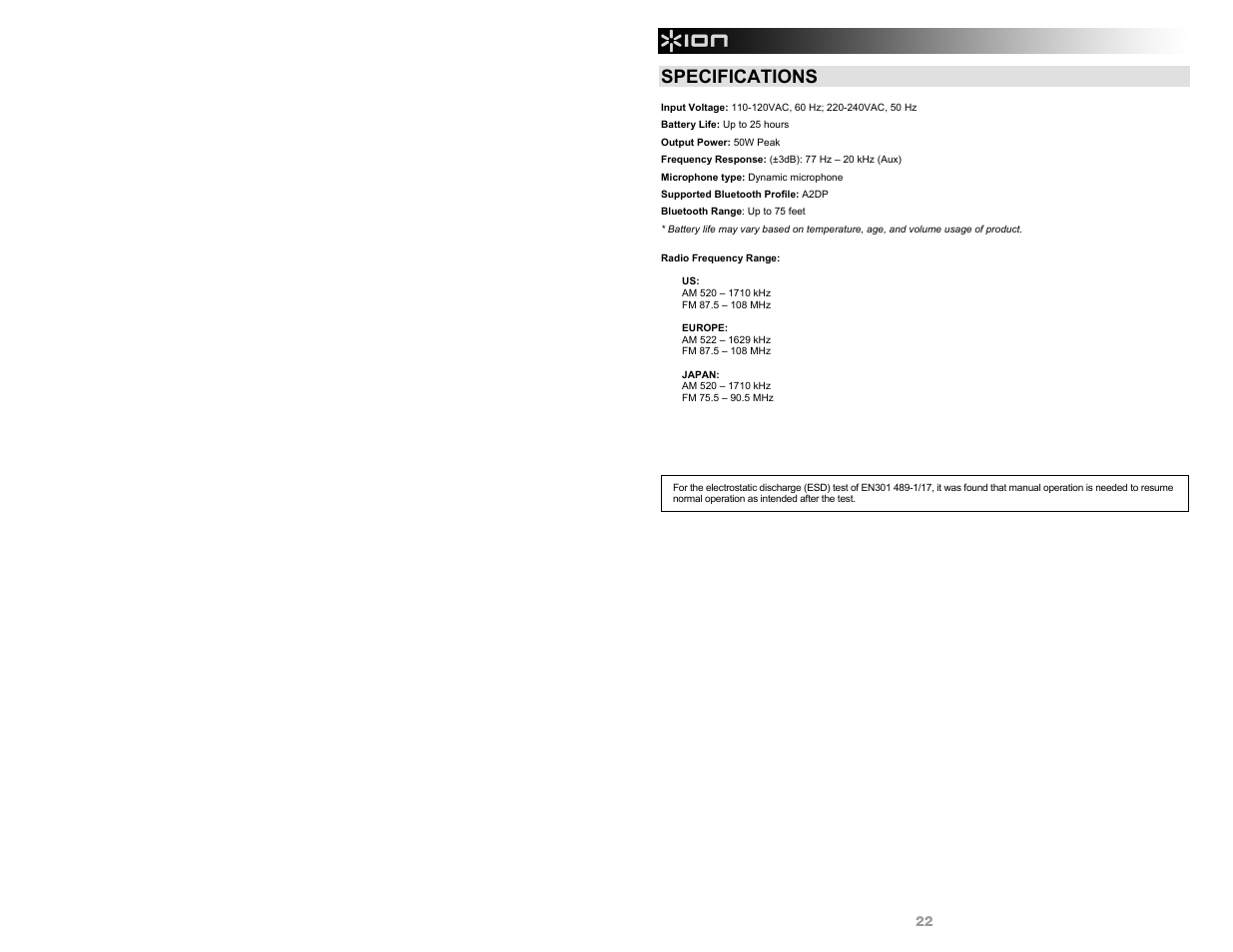 Specifications | ION Audio Explorer Bluetooth User Manual | Page 22 / 24