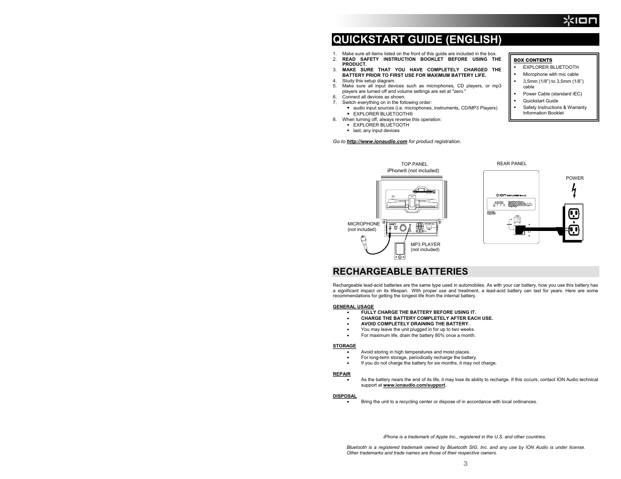 Quickstart guide (english), Rechargeable batteries | ION Audio Explorer Bluetooth User Manual | Page 3 / 24