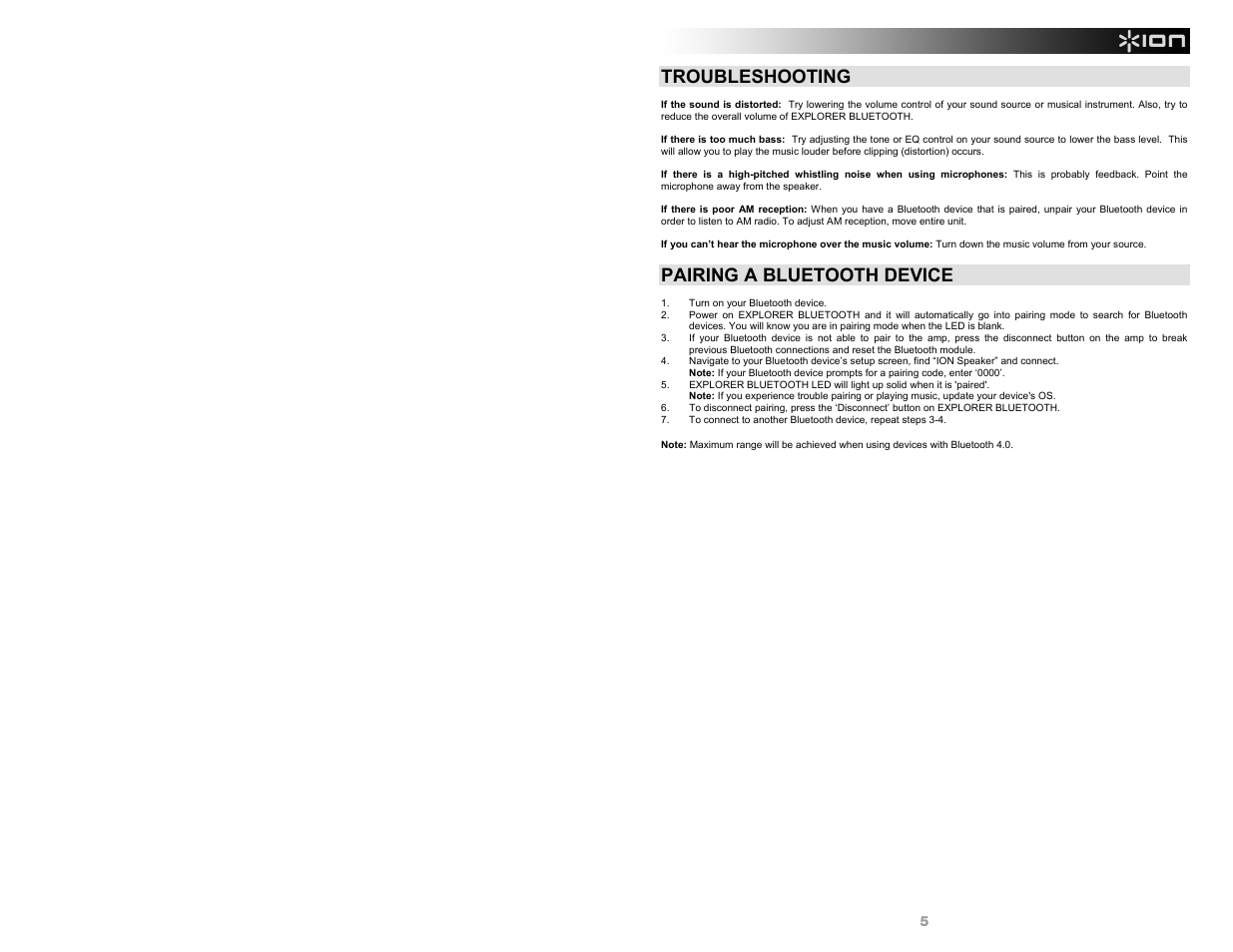 Troubleshooting, Pairing a bluetooth device | ION Audio Explorer Bluetooth User Manual | Page 5 / 24