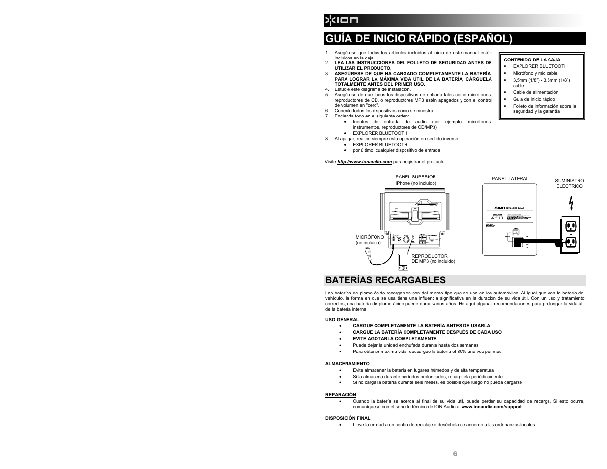 Guía de inicio rápido (español), Baterías recargables | ION Audio Explorer Bluetooth User Manual | Page 6 / 24