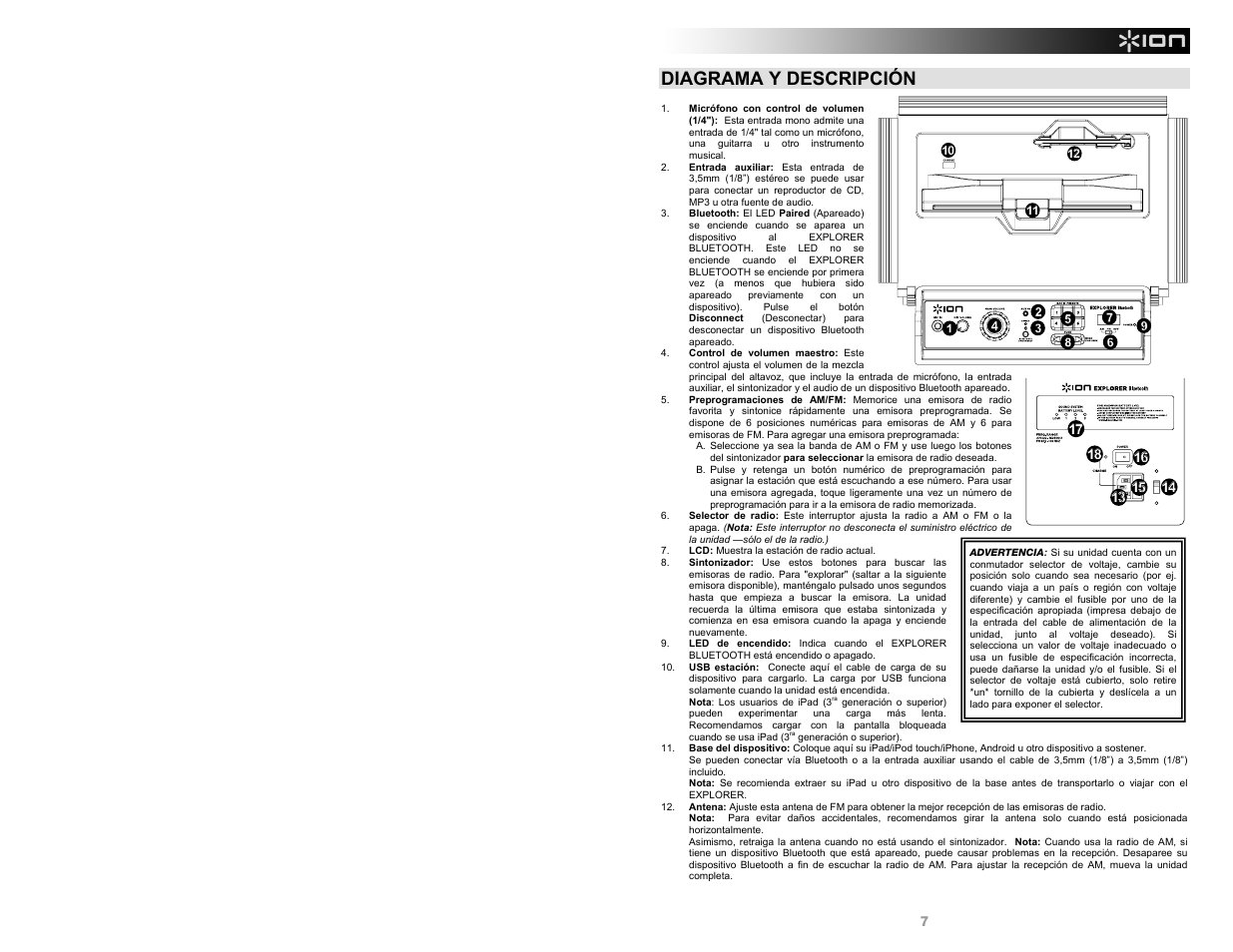 Diagrama y descripción | ION Audio Explorer Bluetooth User Manual | Page 7 / 24