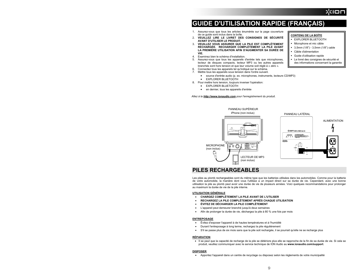 Guide d'utilisation rapide (français), Piles rechargeables | ION Audio Explorer Bluetooth User Manual | Page 9 / 24