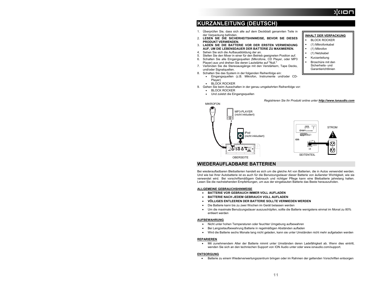 Kurzanleitung (deutsch), Wiederaufladbare batterien | ION Audio Block Rocker AM/FM User Manual | Page 11 / 16