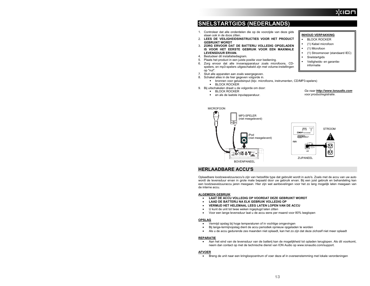Snelstartgids (nederlands), Herlaadbare accu's | ION Audio Block Rocker AM/FM User Manual | Page 13 / 16