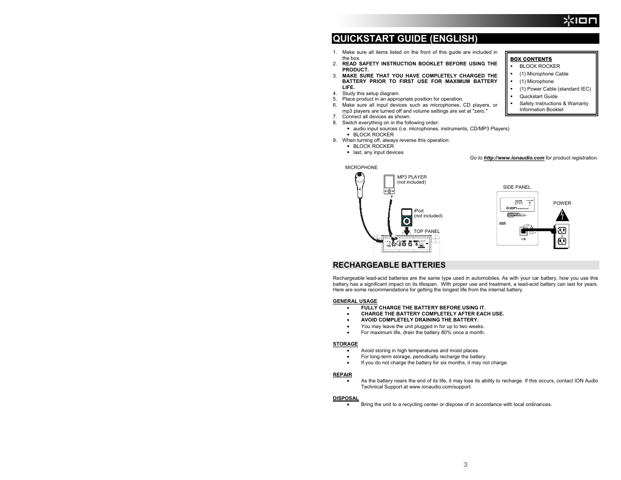 Quickstart guide (english), Rechargeable batteries | ION Audio Block Rocker AM/FM User Manual | Page 3 / 16