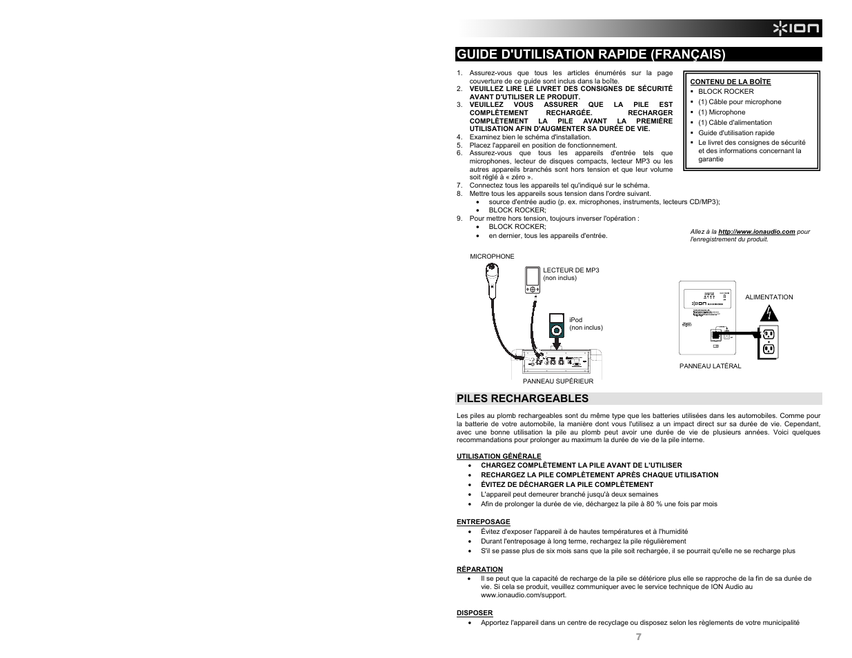 Guide d'utilisation rapide (français), Piles rechargeables | ION Audio Block Rocker AM/FM User Manual | Page 7 / 16