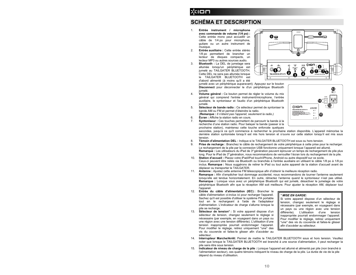 Schéma et description | ION Audio Tailgater Bluetooth User Manual | Page 10 / 28