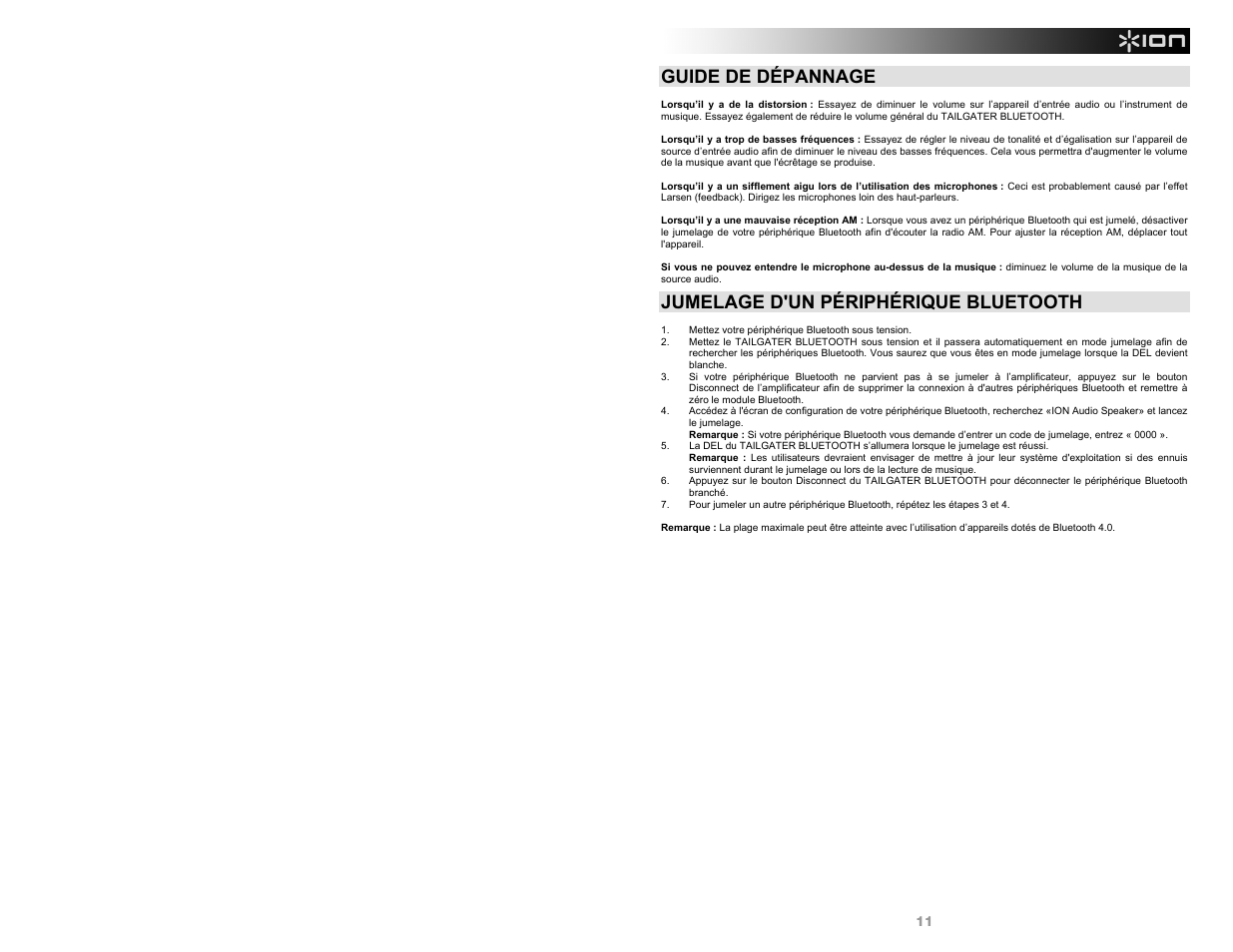 Guide de dépannage, Jumelage d'un périphérique bluetooth | ION Audio Tailgater Bluetooth User Manual | Page 11 / 28