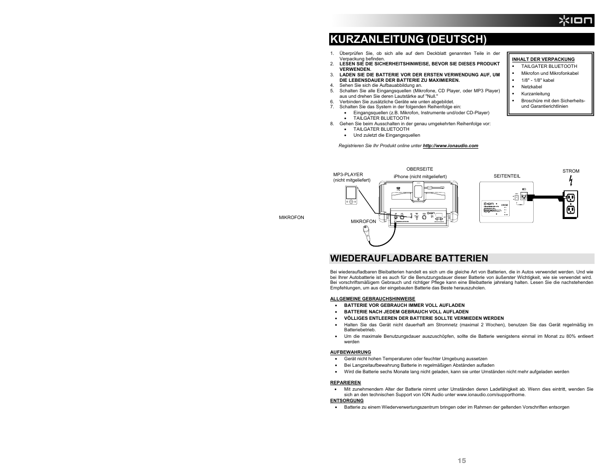 Kurzanleitung (deutsch), Wiederaufladbare batterien | ION Audio Tailgater Bluetooth User Manual | Page 15 / 28