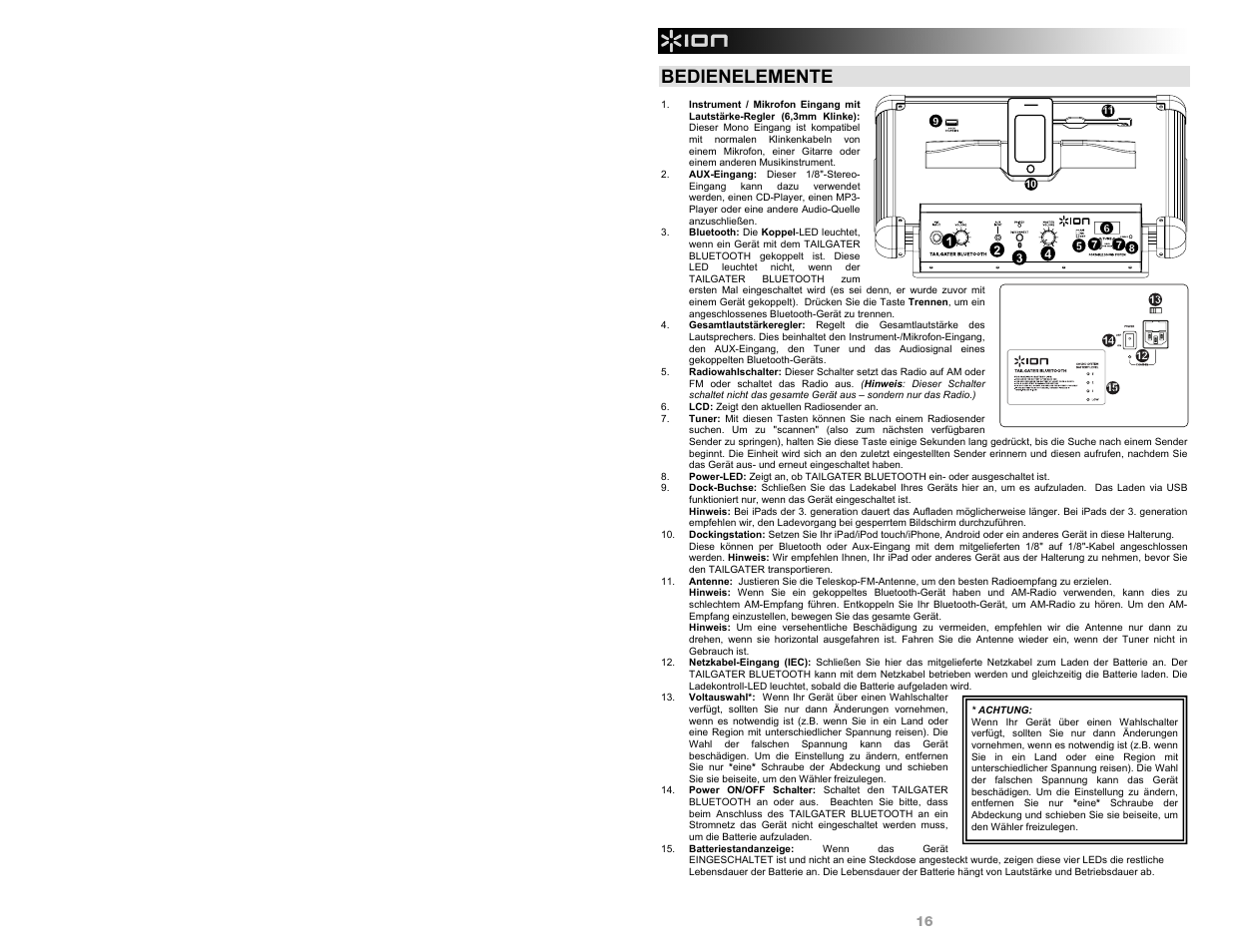 Bedienelemente | ION Audio Tailgater Bluetooth User Manual | Page 16 / 28