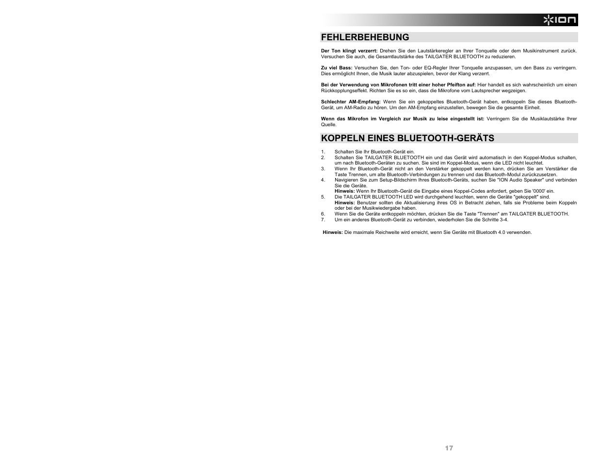 Fehlerbehebung, Koppeln eines bluetooth-geräts | ION Audio Tailgater Bluetooth User Manual | Page 17 / 28