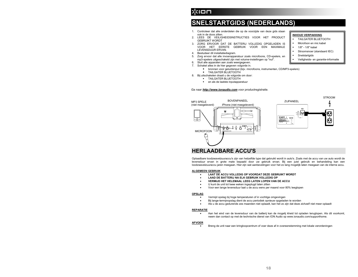 Snelstartgids (nederlands), Herlaadbare accu's | ION Audio Tailgater Bluetooth User Manual | Page 18 / 28