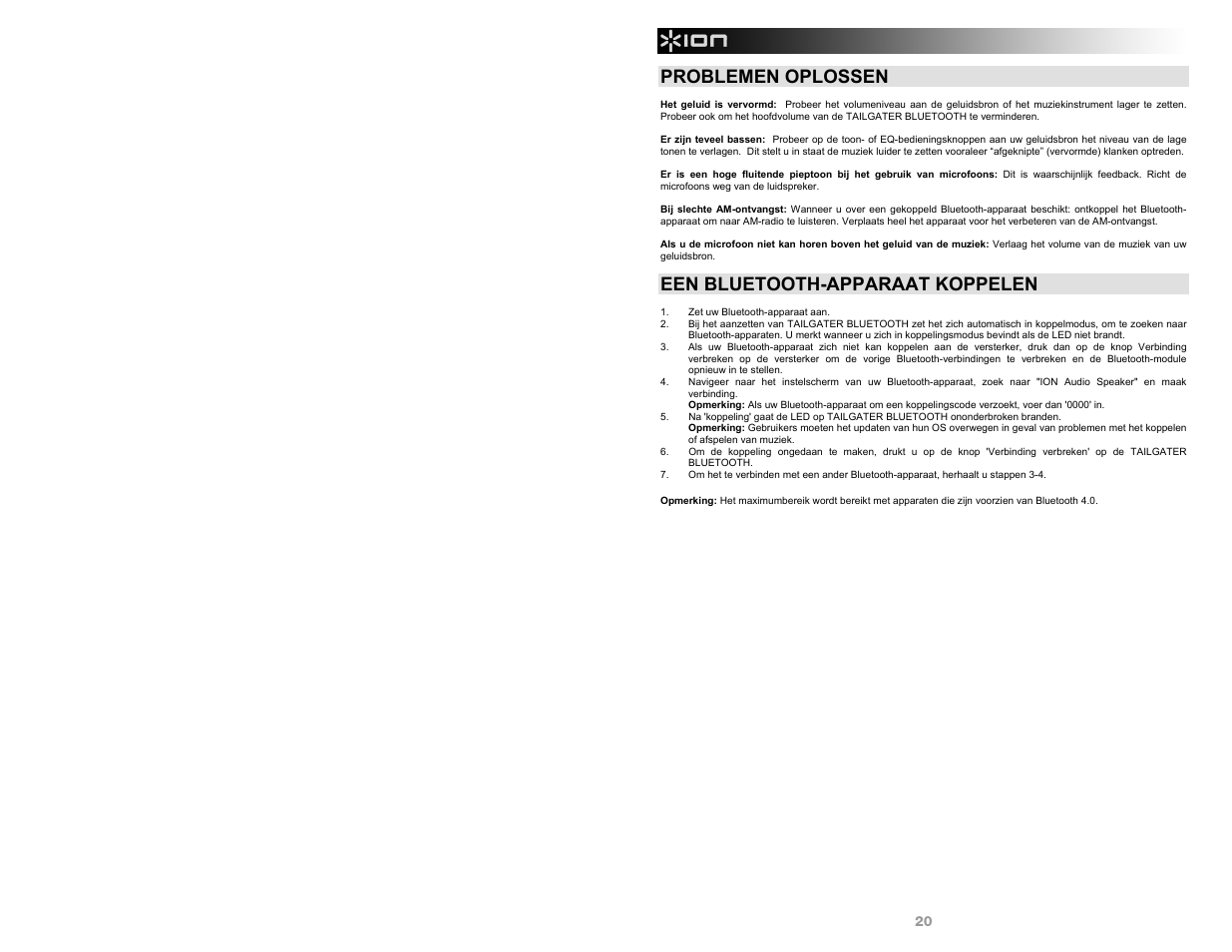Problemen oplossen, Een bluetooth-apparaat koppelen | ION Audio Tailgater Bluetooth User Manual | Page 20 / 28