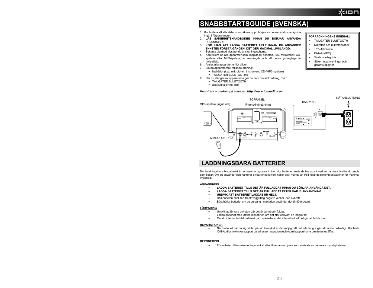 Snabbstartsguide (svenska), Laddningsbara batterier | ION Audio Tailgater Bluetooth User Manual | Page 21 / 28
