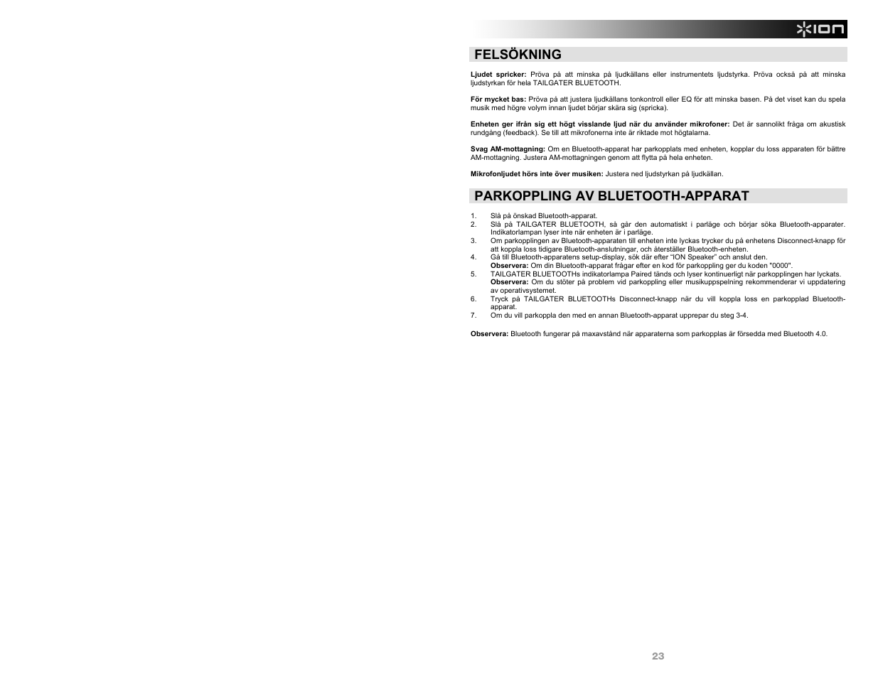 Felsökning, Parkoppling av bluetooth-apparat | ION Audio Tailgater Bluetooth User Manual | Page 23 / 28
