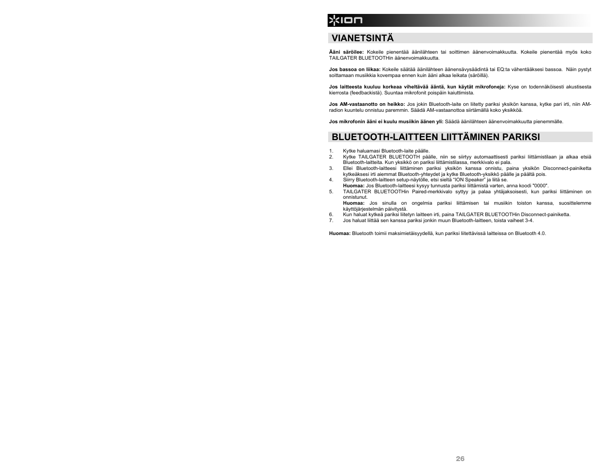 Vianetsintä, Bluetooth-laitteen liittäminen pariksi | ION Audio Tailgater Bluetooth User Manual | Page 26 / 28