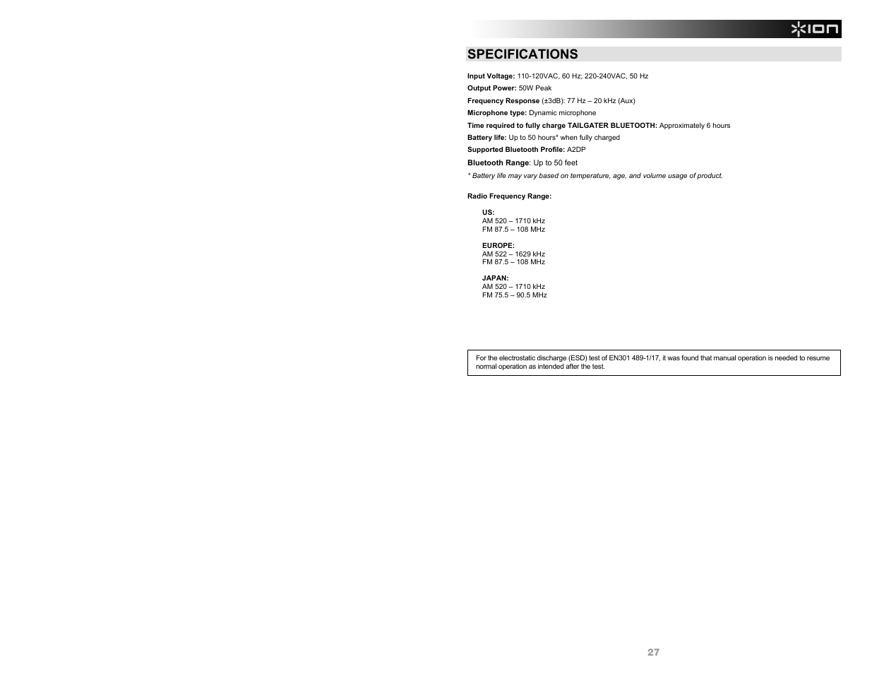 Specifications | ION Audio Tailgater Bluetooth User Manual | Page 27 / 28