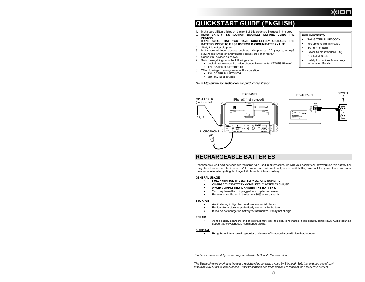 Quickstart guide (english), Rechargeable batteries | ION Audio Tailgater Bluetooth User Manual | Page 3 / 28