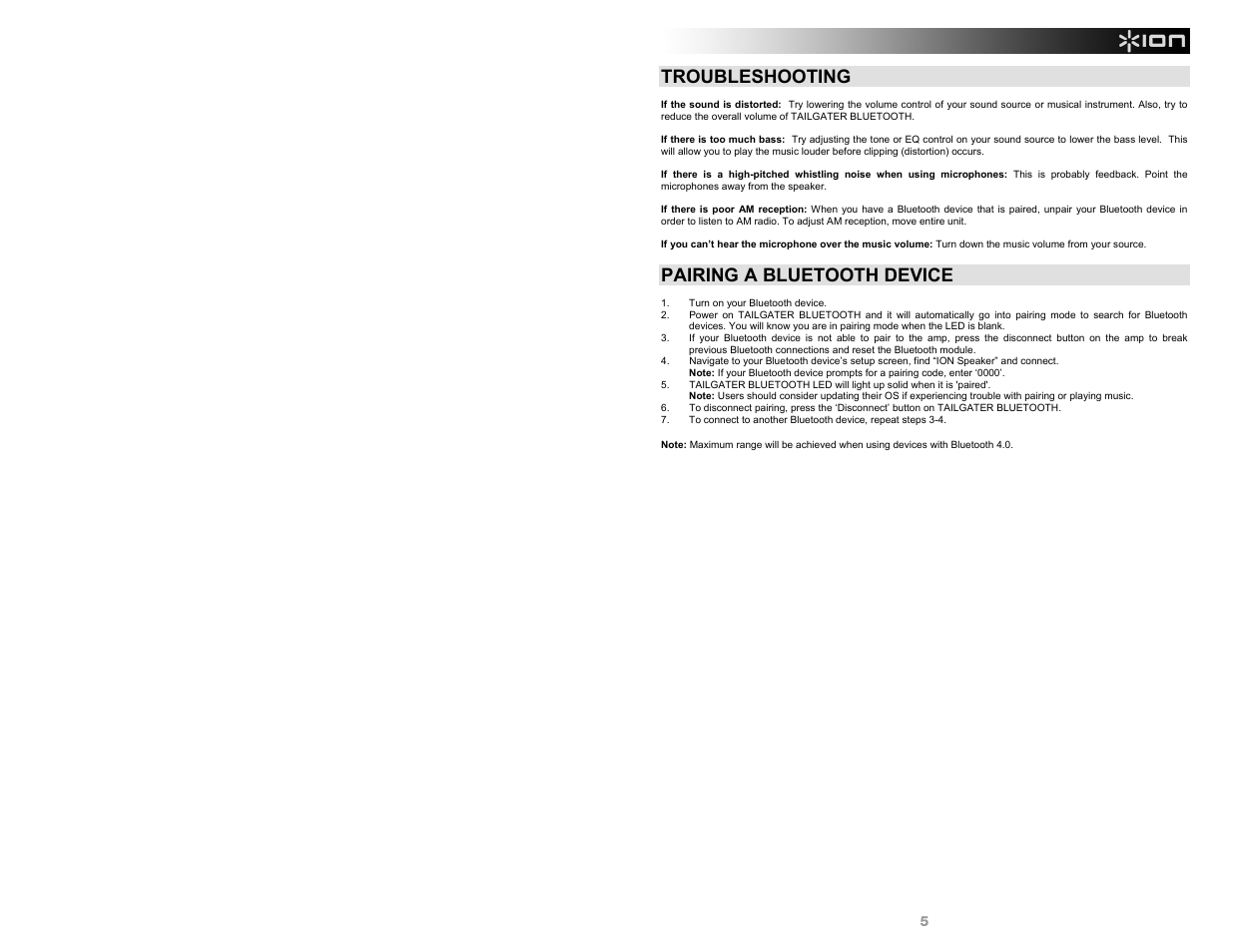 Troubleshooting, Pairing a bluetooth device | ION Audio Tailgater Bluetooth User Manual | Page 5 / 28