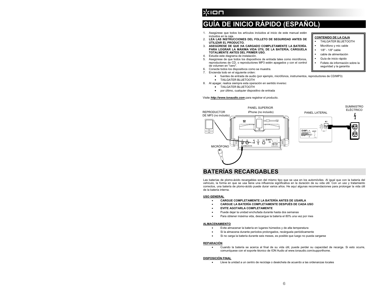 Guía de inicio rápido (español), Baterías recargables | ION Audio Tailgater Bluetooth User Manual | Page 6 / 28