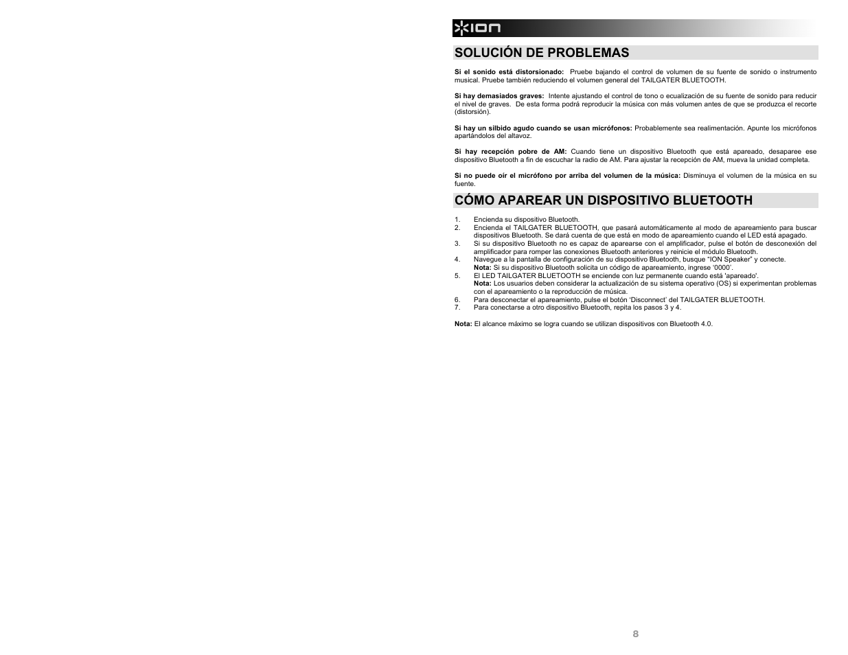 Solución de problemas, Cómo aparear un dispositivo bluetooth | ION Audio Tailgater Bluetooth User Manual | Page 8 / 28