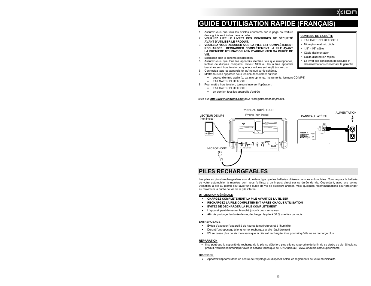 Guide d'utilisation rapide (français), Piles rechargeables | ION Audio Tailgater Bluetooth User Manual | Page 9 / 28