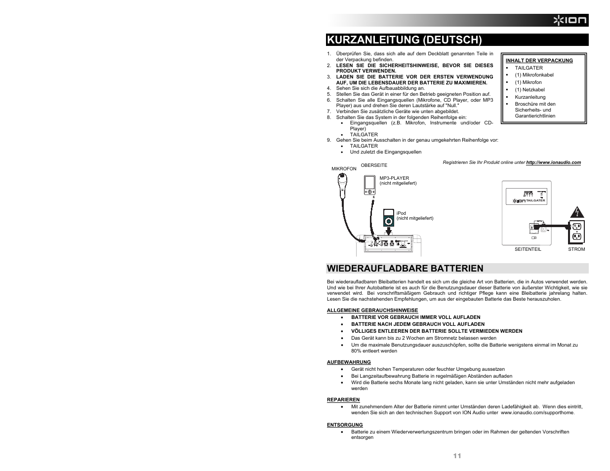 Kurzanleitung (deutsch), Wiederaufladbare batterien | ION Audio Tailgater AM/FM User Manual | Page 11 / 16