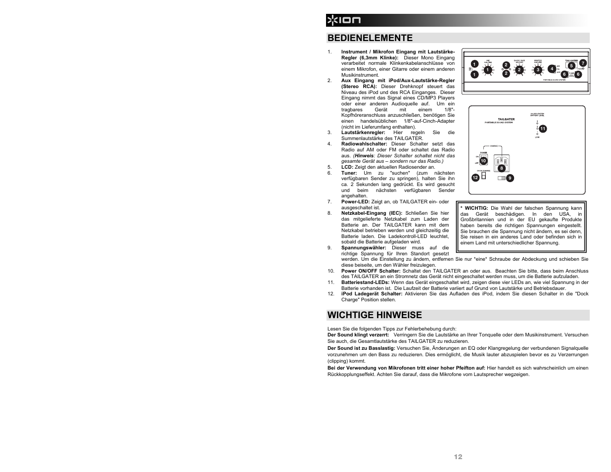 Bedienelemente, Wichtige hinweise | ION Audio Tailgater AM/FM User Manual | Page 12 / 16