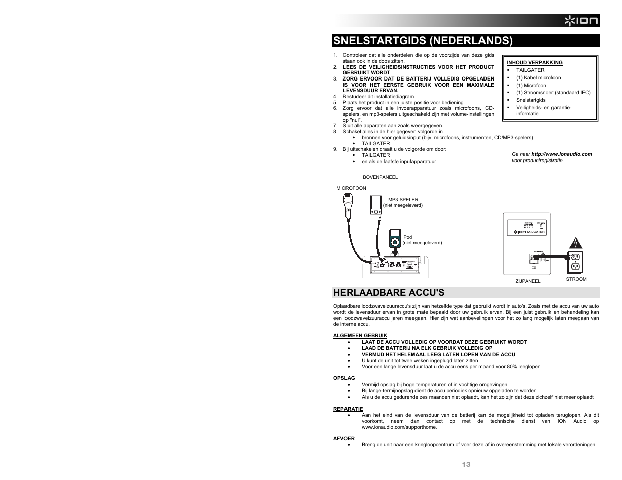 Snelstartgids (nederlands), Herlaadbare accu's | ION Audio Tailgater AM/FM User Manual | Page 13 / 16