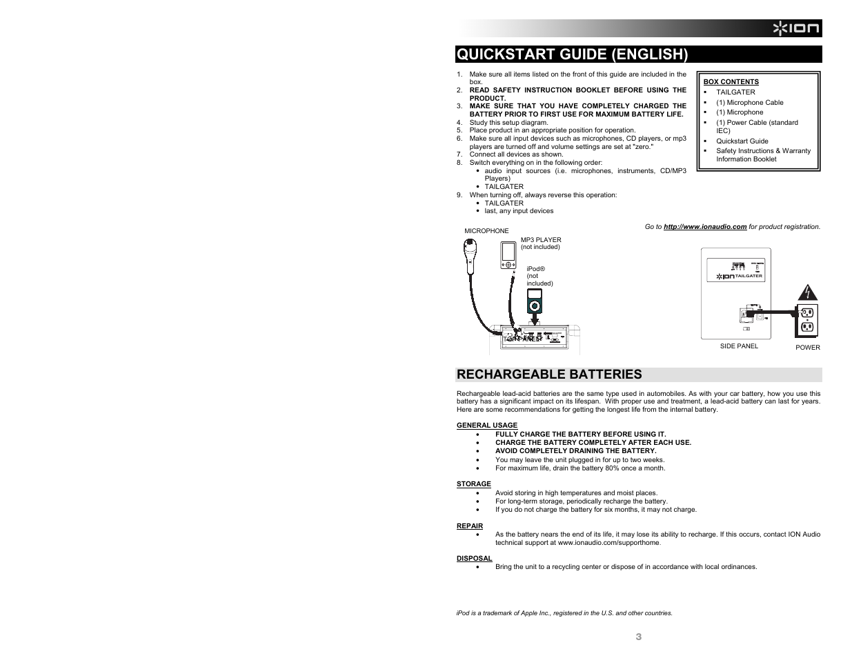 Quickstart guide (english), Rechargeable batteries | ION Audio Tailgater AM/FM User Manual | Page 3 / 16