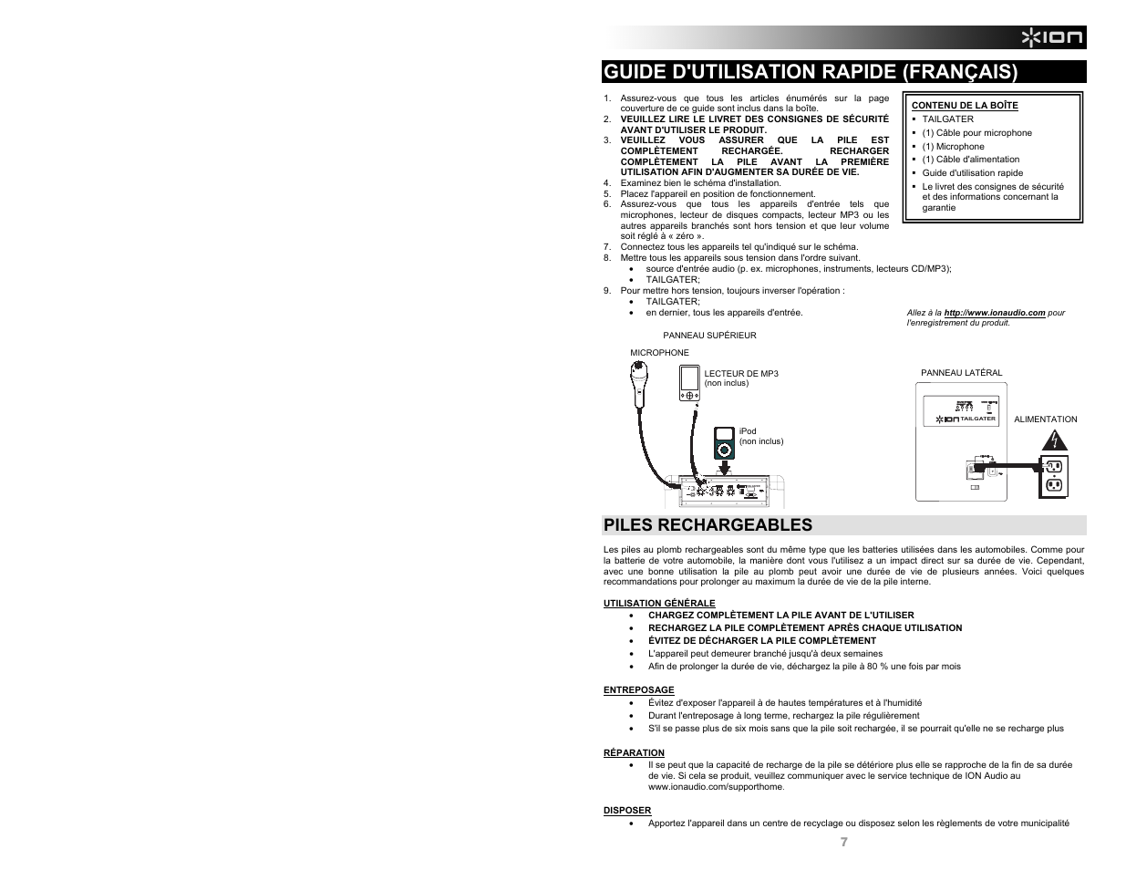 Guide d'utilisation rapide (français), Piles rechargeables | ION Audio Tailgater AM/FM User Manual | Page 7 / 16
