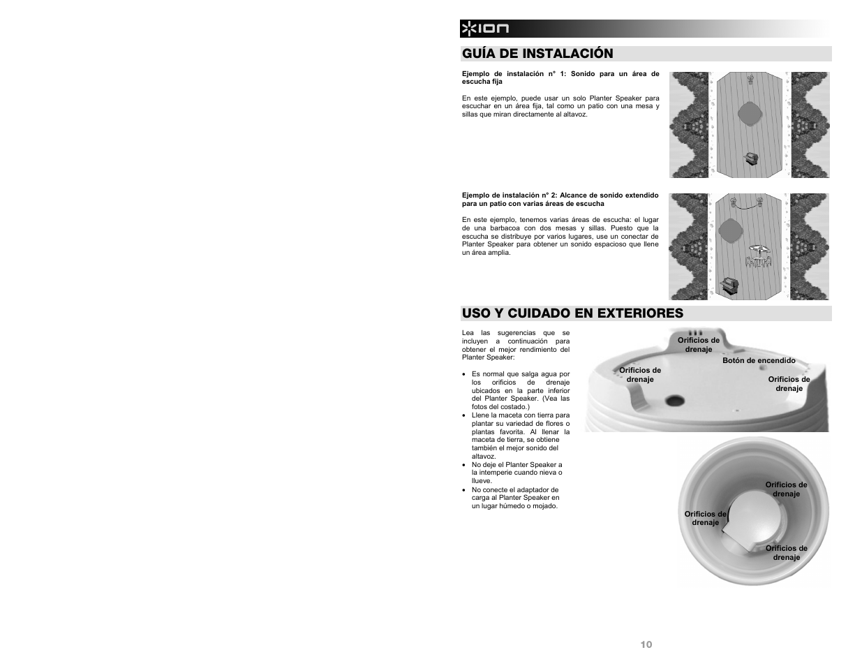 Guía de instalación, Uso y cuidado en exteriores | ION Audio Planter Speaker User Manual | Page 10 / 28