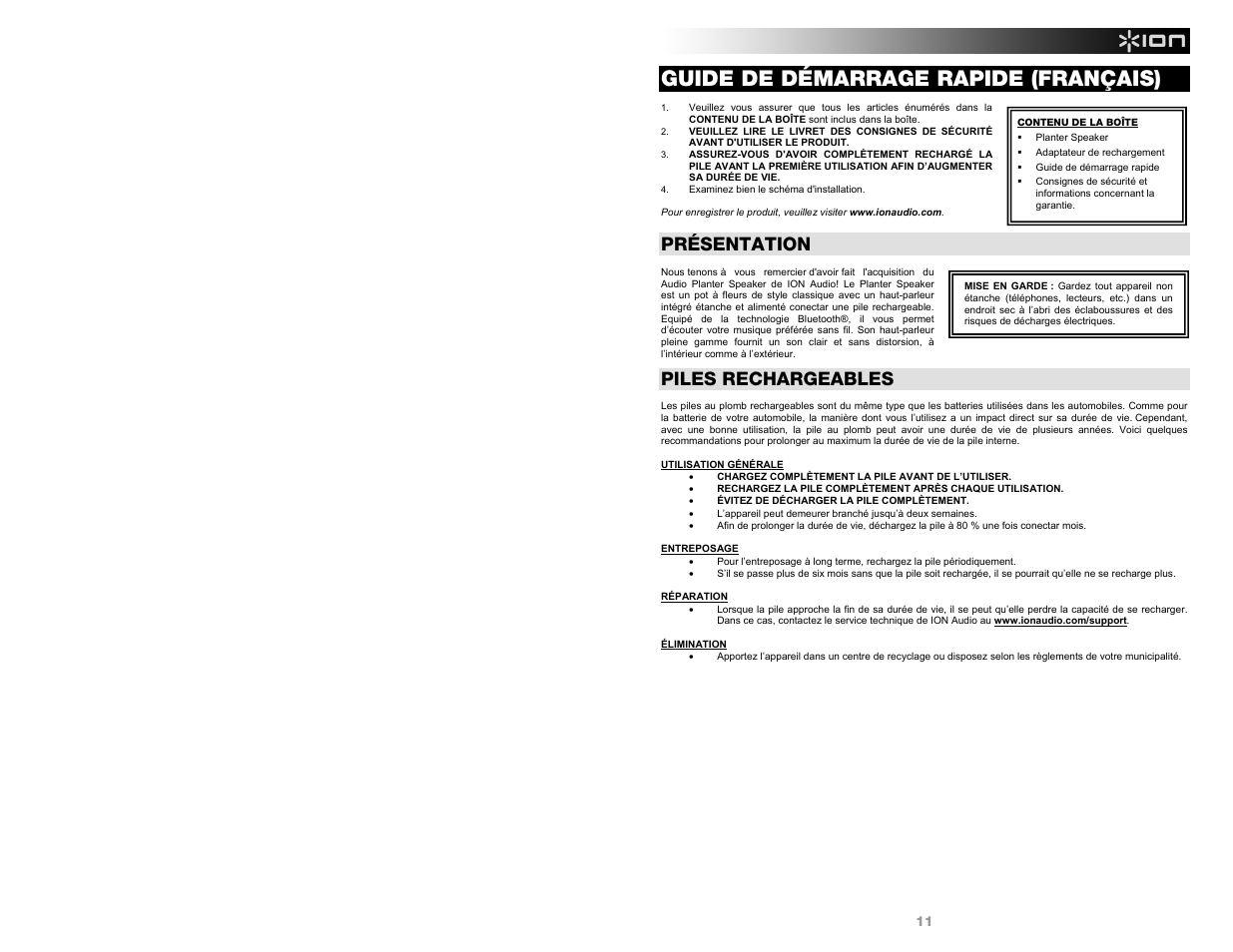 Guide de démarrage rapide (français), Présentation, Piles rechargeables | ION Audio Planter Speaker User Manual | Page 11 / 28
