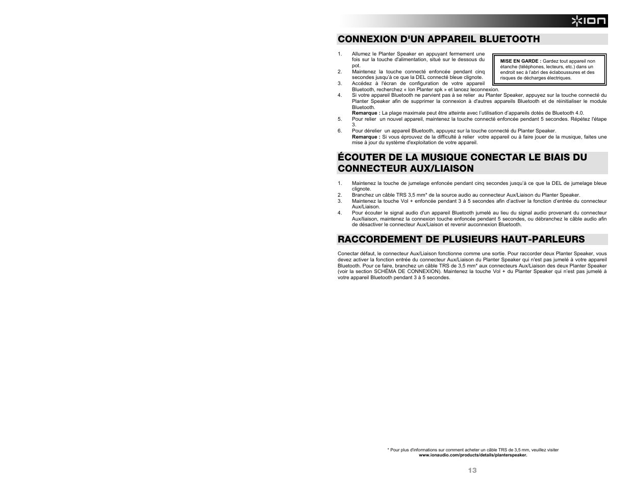 Connexion d'un appareil bluetooth, Raccordement de plusieurs haut-parleurs | ION Audio Planter Speaker User Manual | Page 13 / 28