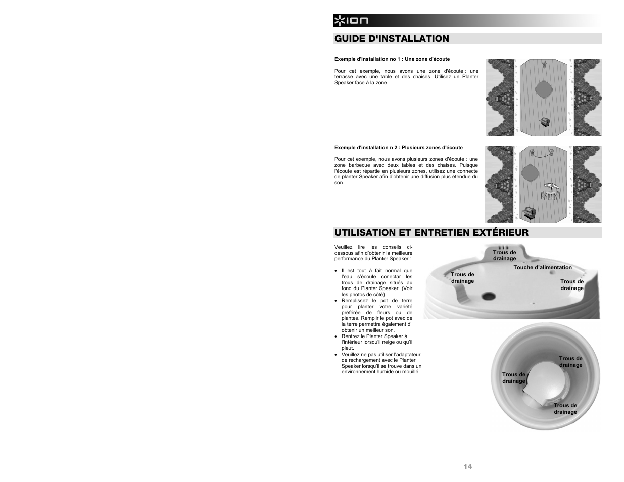 Guide d'installation, Utilisation et entretien extérieur | ION Audio Planter Speaker User Manual | Page 14 / 28