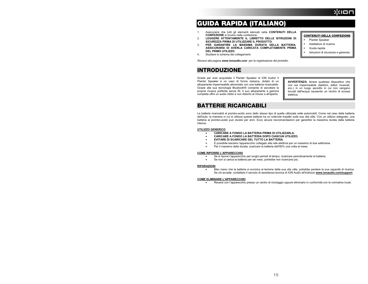 Guida rapida (italiano), Introduzione, Batterie ricaricabili | ION Audio Planter Speaker User Manual | Page 15 / 28