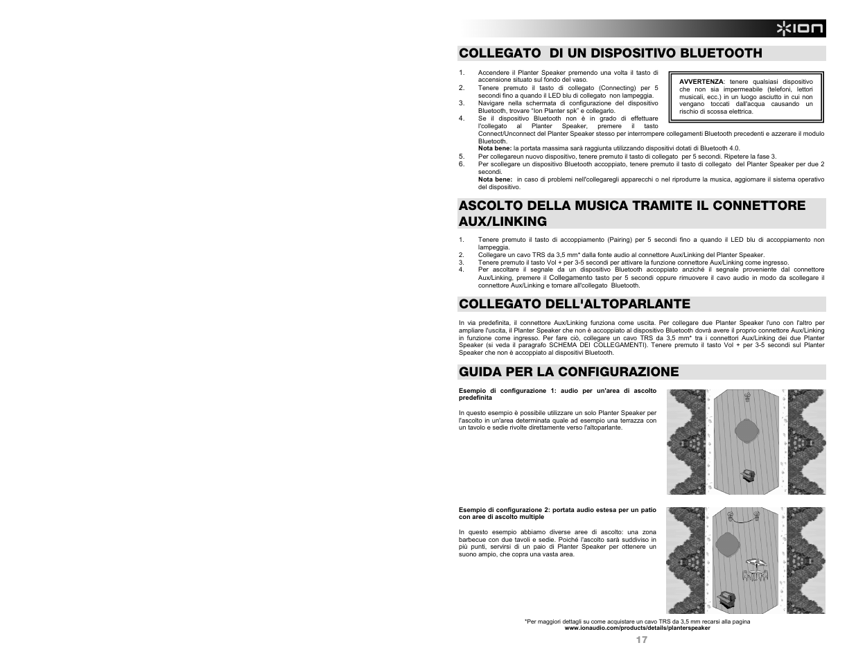 Collegato di un dispositivo bluetooth, Collegato dell'altoparlante, Guida per la configurazione | ION Audio Planter Speaker User Manual | Page 17 / 28